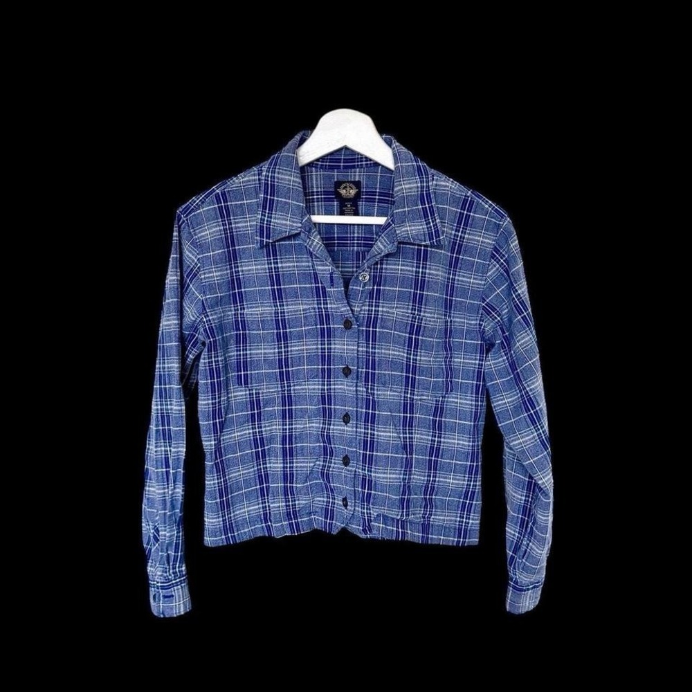 Vintage 90's Dockers Plaid Blue Button Up Shirt Womens Petite Medium Cropped